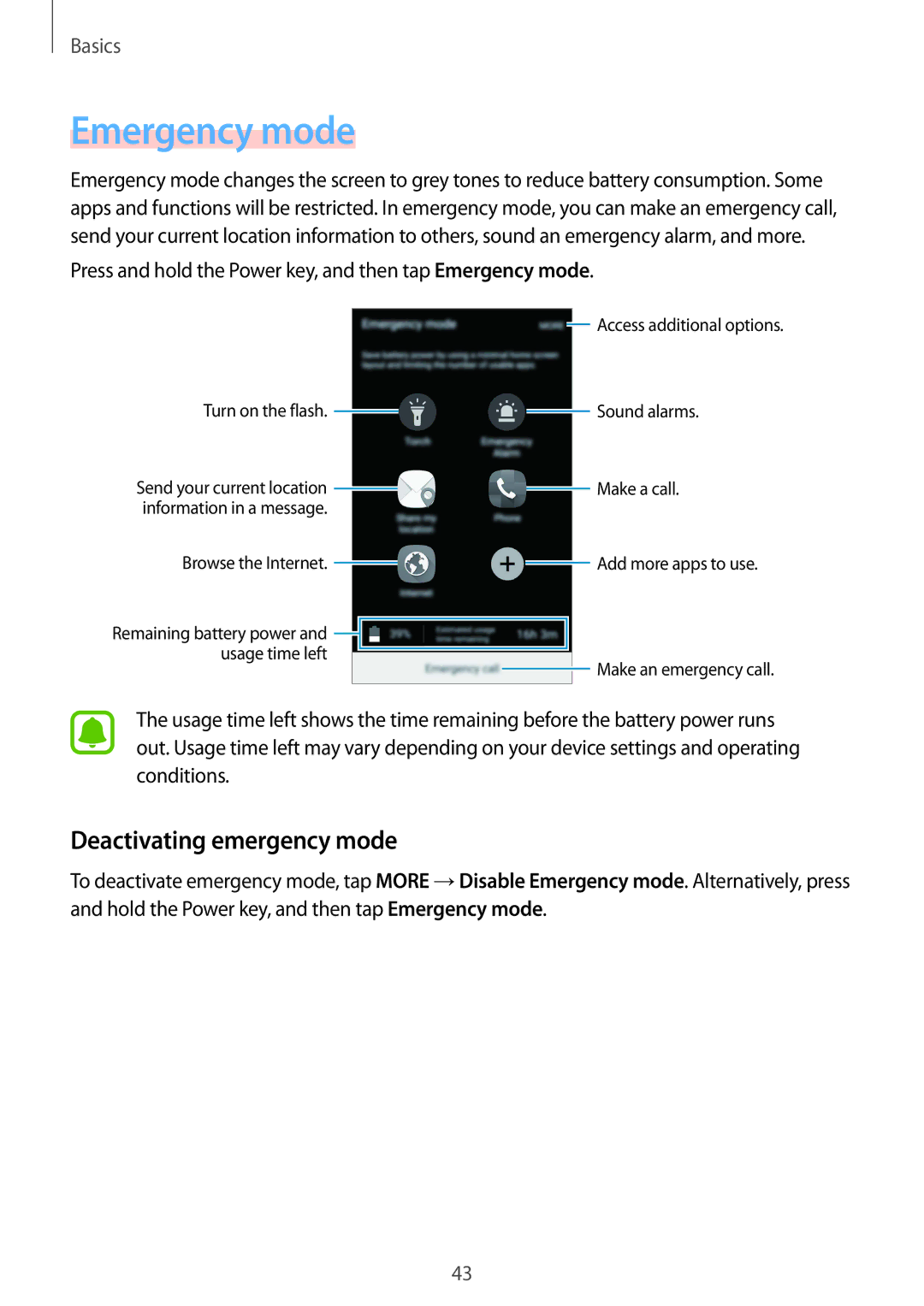 Samsung SM-A710FZKFKSA, SM-A710FZDFKSA, SM-A710FZWFKSA, SM-A710FZDFXXV manual Emergency mode, Deactivating emergency mode 