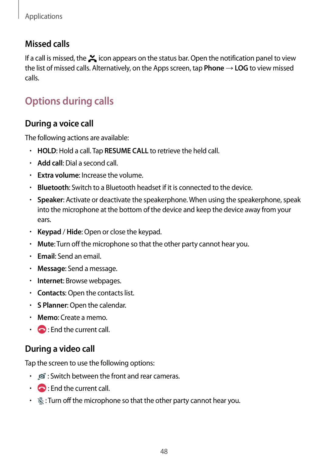 Samsung SM-A710FZDFKSA, SM-A710FZKFKSA manual Options during calls, Missed calls, During a voice call, During a video call 