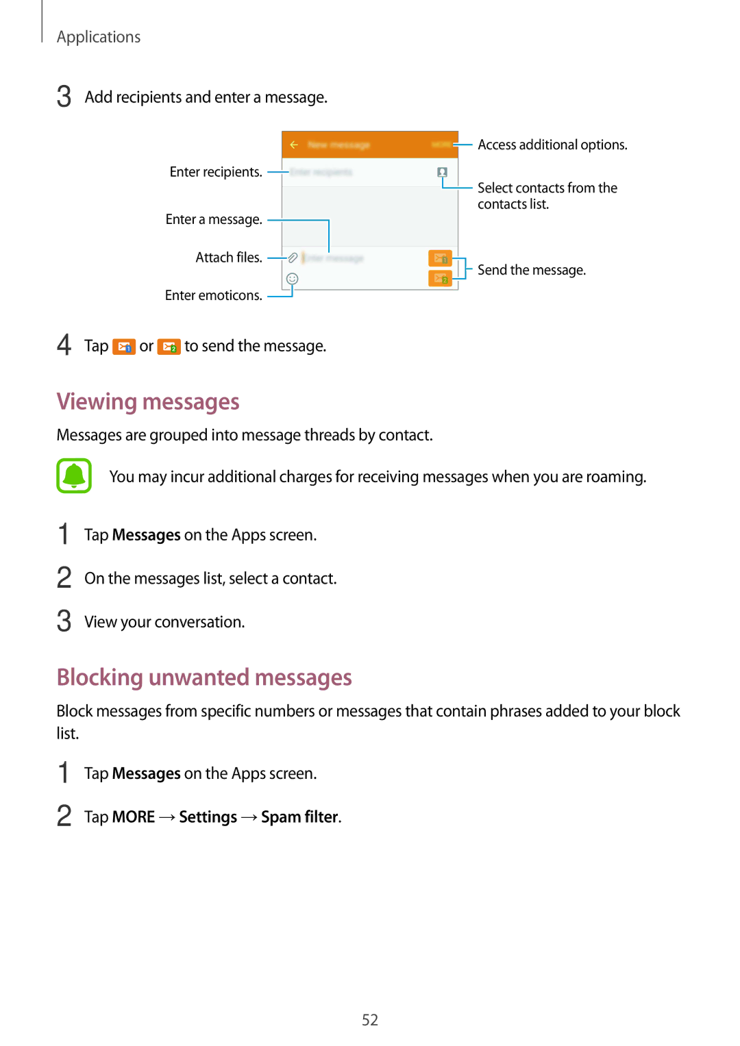 Samsung SM-A710FZKFXXV, SM-A710FZDFKSA Viewing messages, Blocking unwanted messages, Add recipients and enter a message 