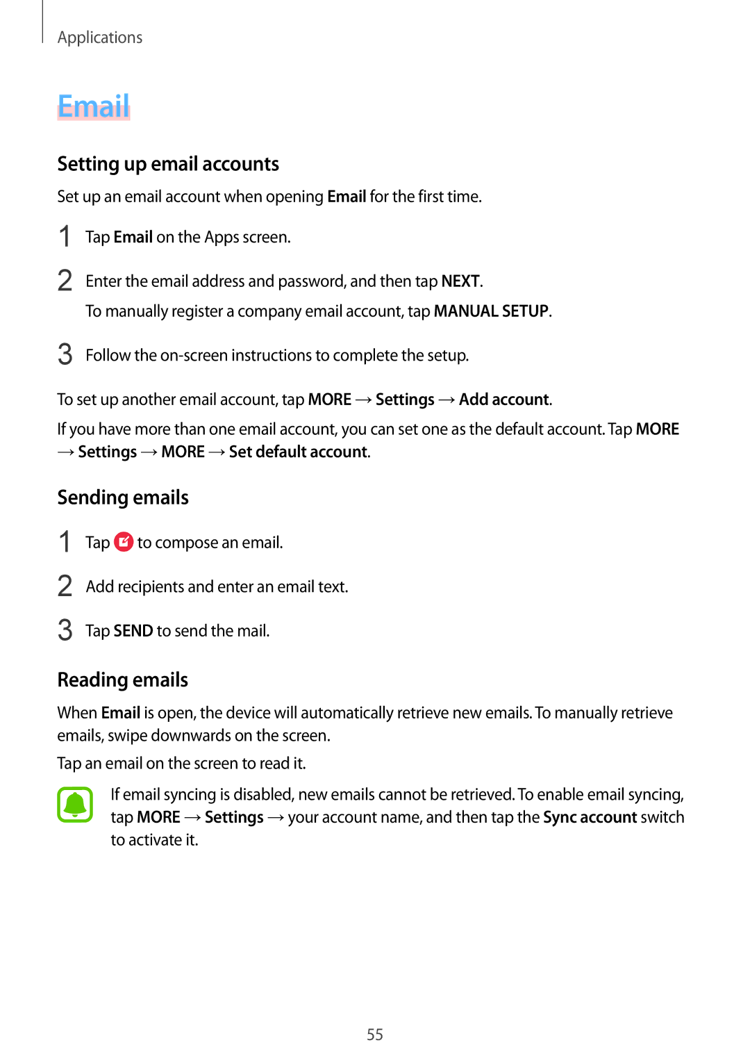 Samsung SM-A710FZKFKSA Setting up email accounts, Sending emails, Reading emails, → Settings →MORE →Set default account 