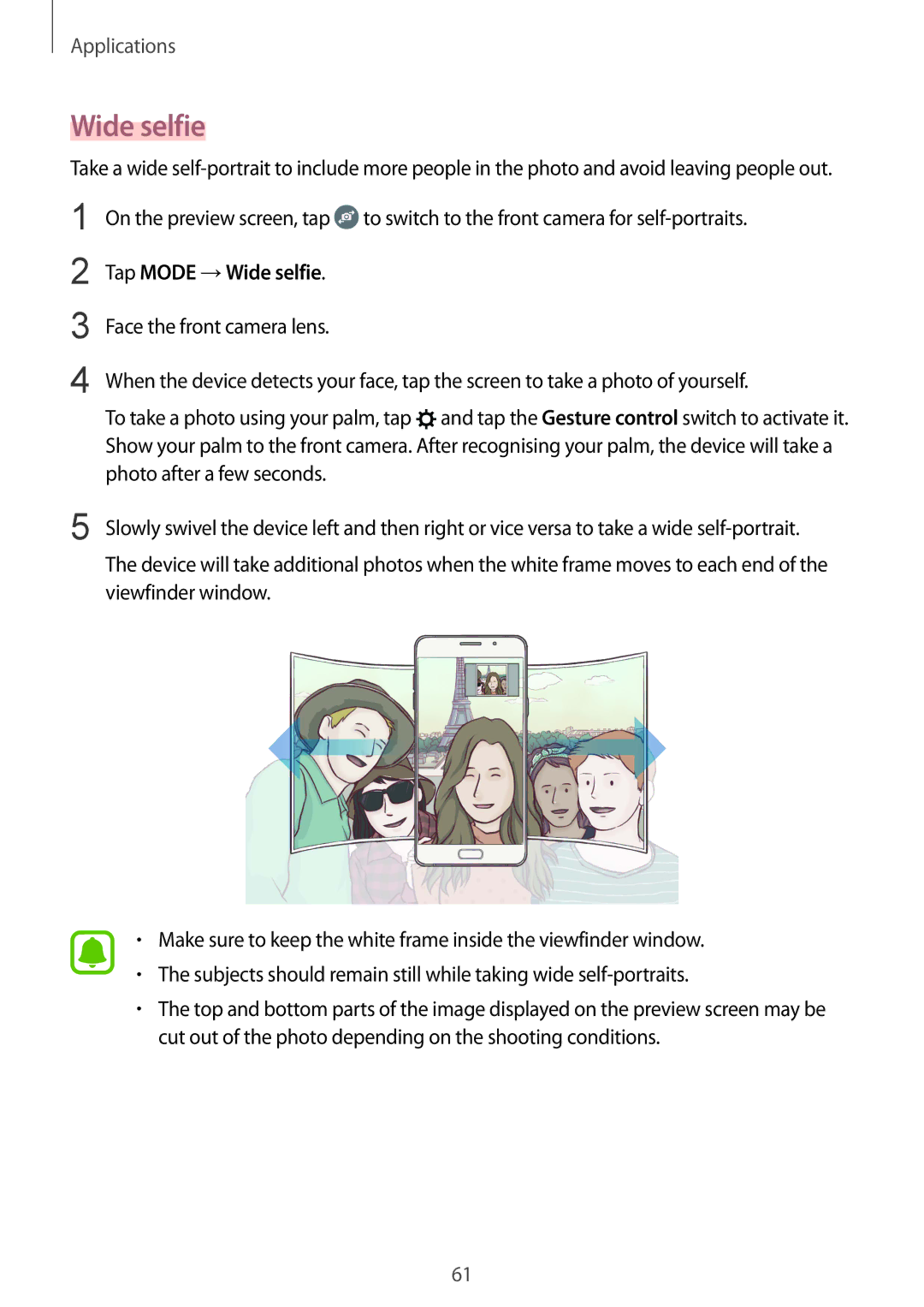 Samsung SM-A710FZKFKSA, SM-A710FZDFKSA, SM-A710FZWFKSA, SM-A710FZDFXXV, SM-A710FZKFXXV manual Tap Mode →Wide selfie 