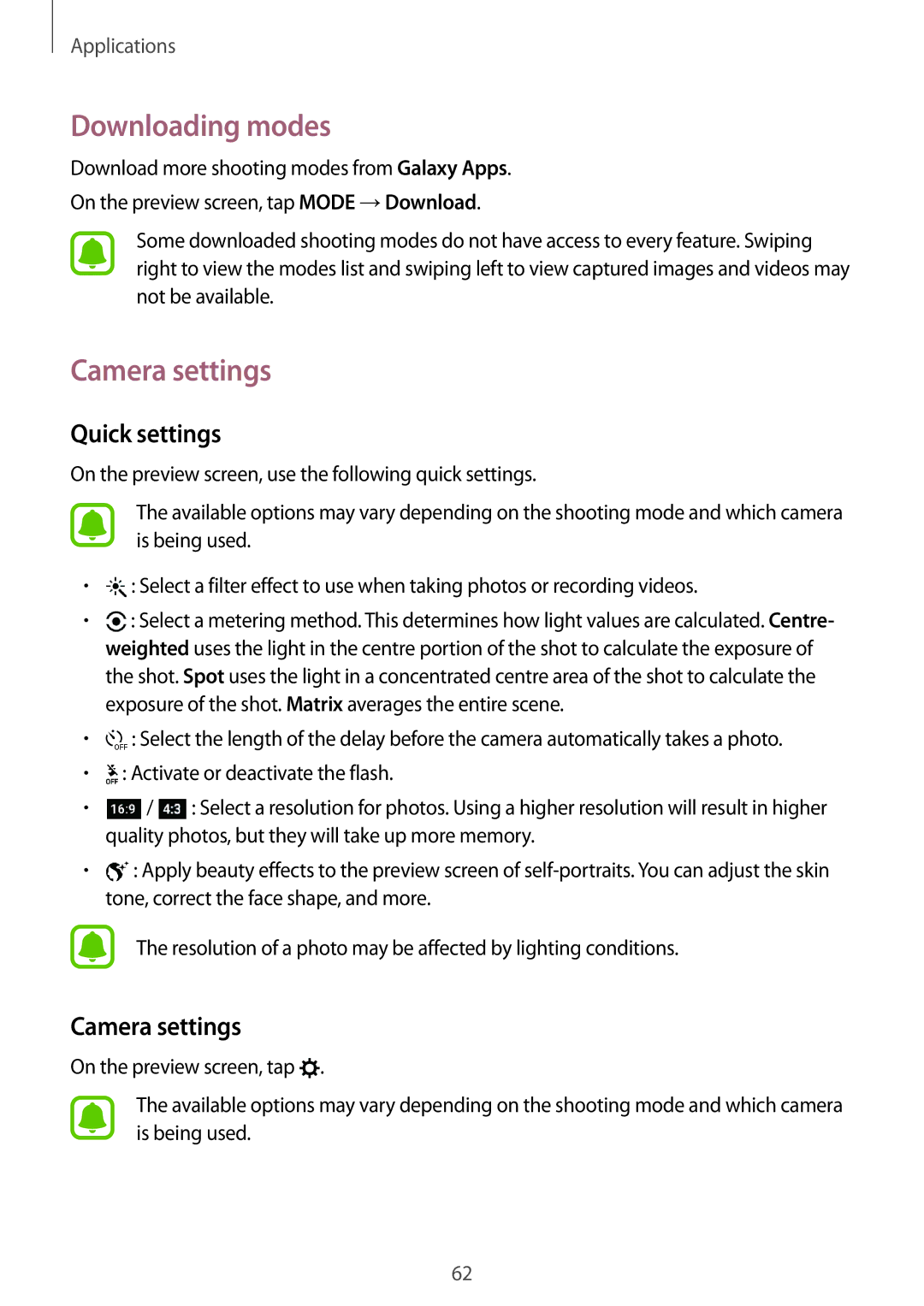 Samsung SM-A710FZWFKSA, SM-A710FZDFKSA, SM-A710FZKFKSA, SM-A710FZDFXXV Downloading modes, Camera settings, Quick settings 