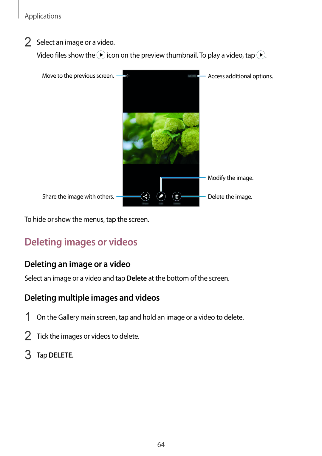 Samsung SM-A710FZKFXXV manual Deleting images or videos, Deleting an image or a video, Deleting multiple images and videos 