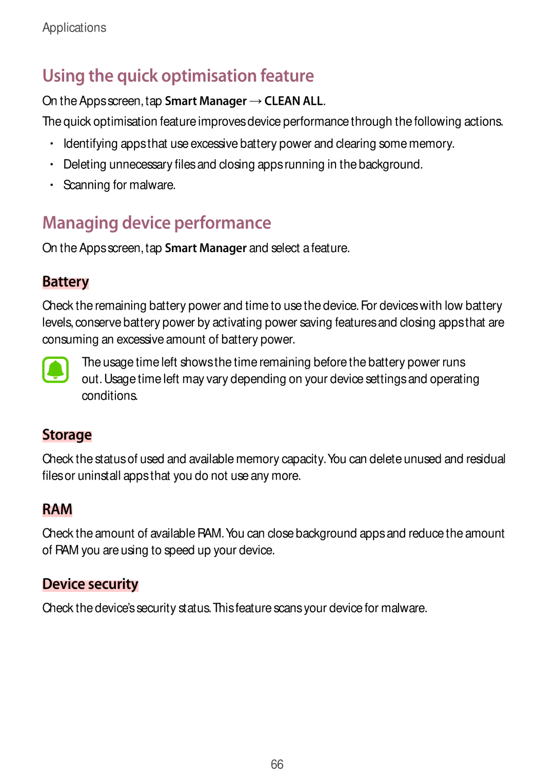 Samsung SM-A710FZDFKSA, SM-A710FZKFKSA Using the quick optimisation feature, Managing device performance, Battery, Storage 