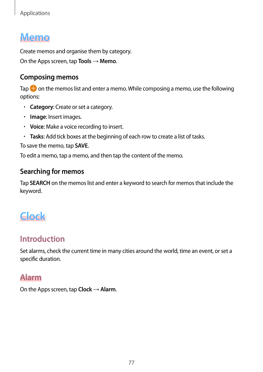 Samsung SM-A710FEDFXXV, SM-A710FZDFKSA, SM-A710FZKFKSA manual Memo, Clock, Alarm, Composing memos, Searching for memos 