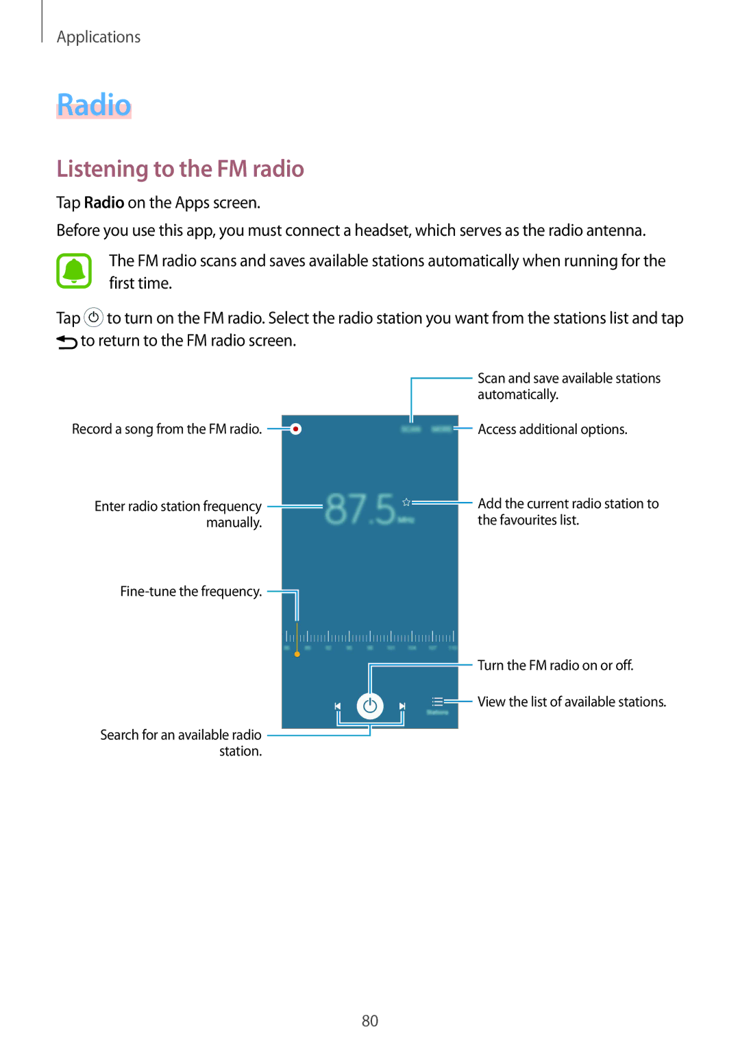 Samsung SM-A710FZWFKSA, SM-A710FZDFKSA, SM-A710FZKFKSA manual Listening to the FM radio, Tap Radio on the Apps screen 