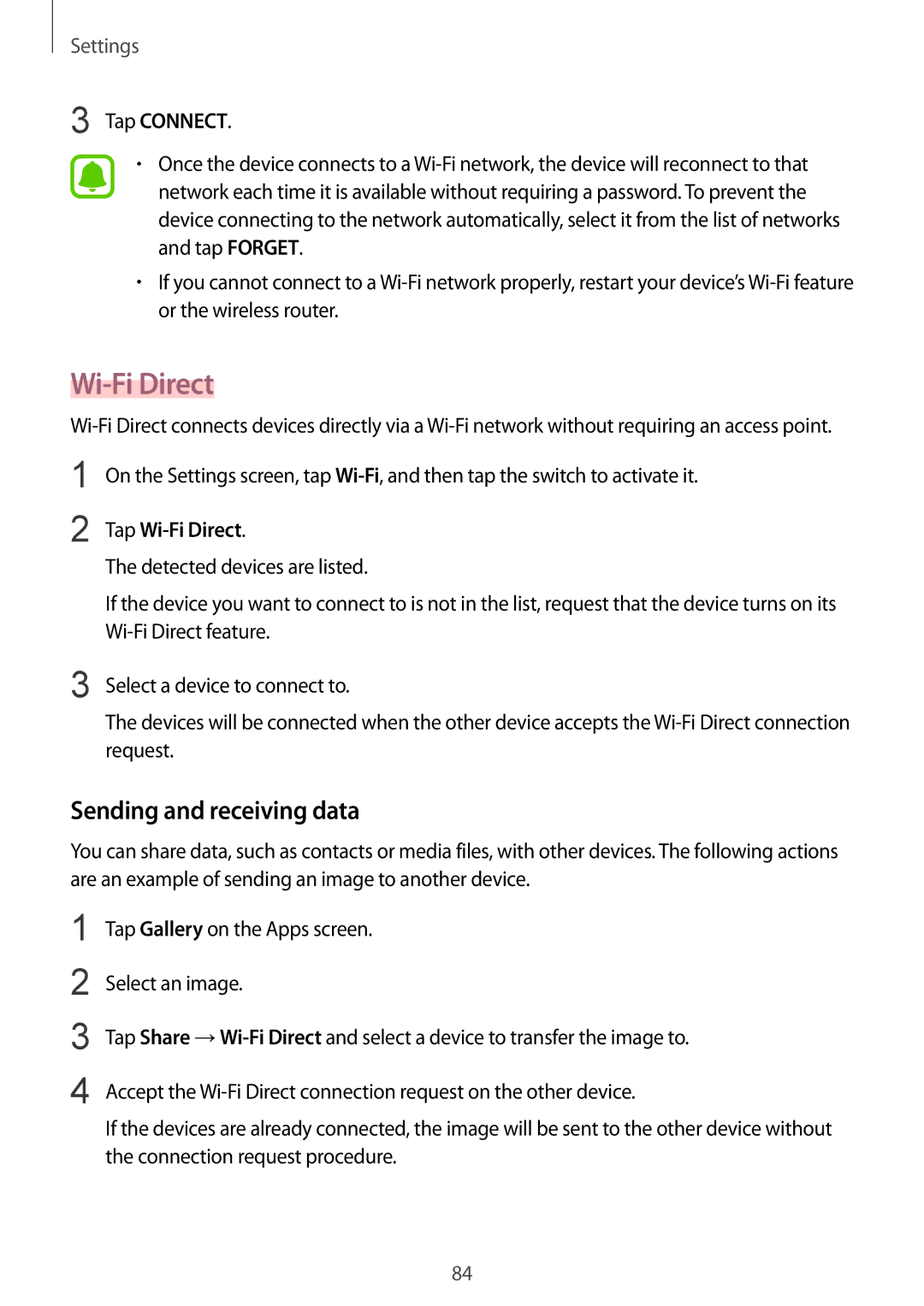 Samsung SM-A710FZDFKSA, SM-A710FZKFKSA, SM-A710FZWFKSA manual Sending and receiving data, Tap Connect, Tap Wi-Fi Direct 