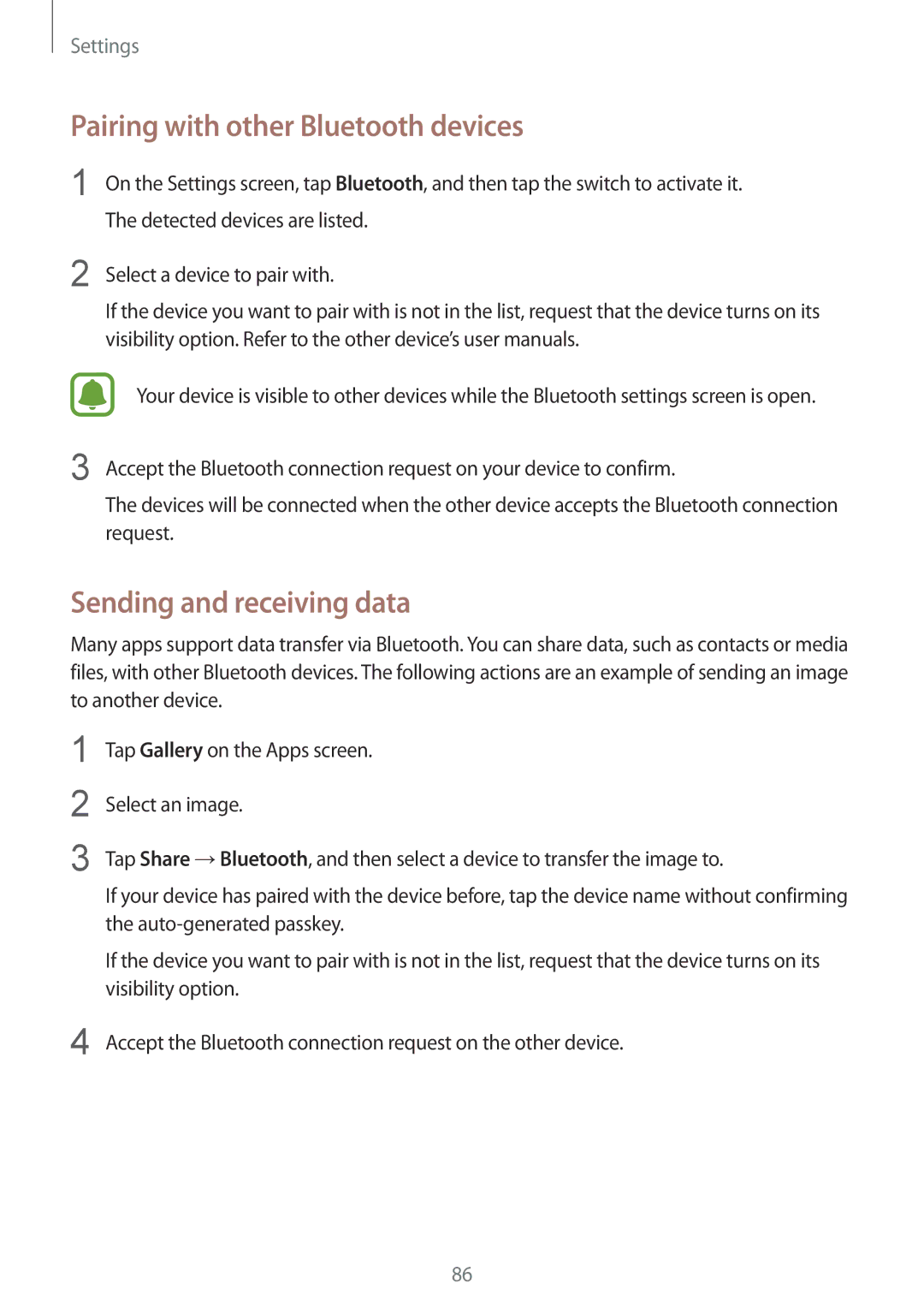 Samsung SM-A710FZWFKSA, SM-A710FZDFKSA, SM-A710FZKFKSA Pairing with other Bluetooth devices, Sending and receiving data 