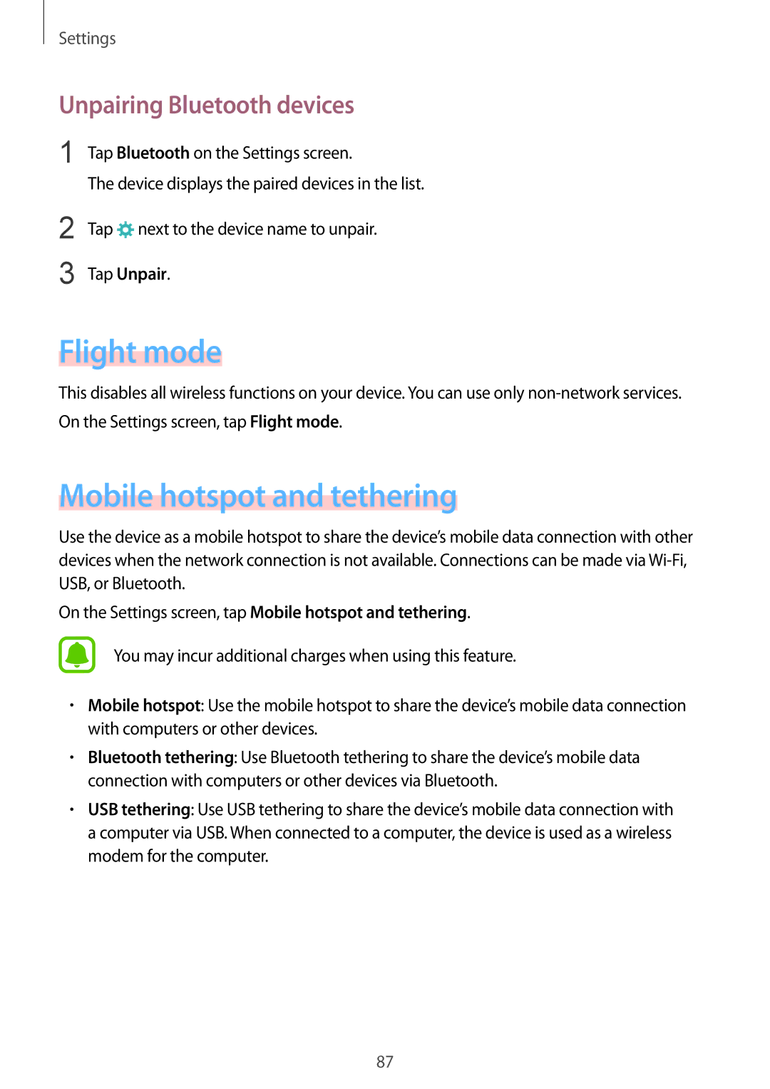 Samsung SM-A710FZDFXXV, SM-A710FZDFKSA Flight mode, Mobile hotspot and tethering, Unpairing Bluetooth devices, Tap Unpair 