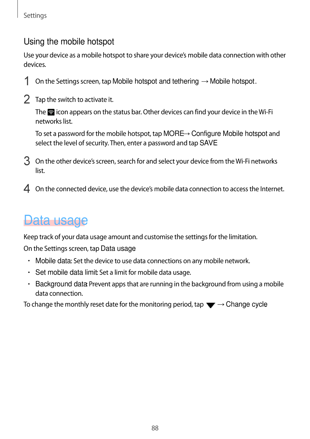 Samsung SM-A710FZKFXXV, SM-A710FZDFKSA, SM-A710FZKFKSA, SM-A710FZWFKSA manual Data usage, Using the mobile hotspot, List 