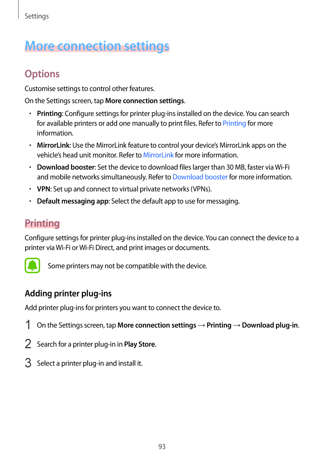 Samsung SM-A710FZDFXXV, SM-A710FZDFKSA, SM-A710FZKFKSA More connection settings, Options, Printing, Adding printer plug-ins 