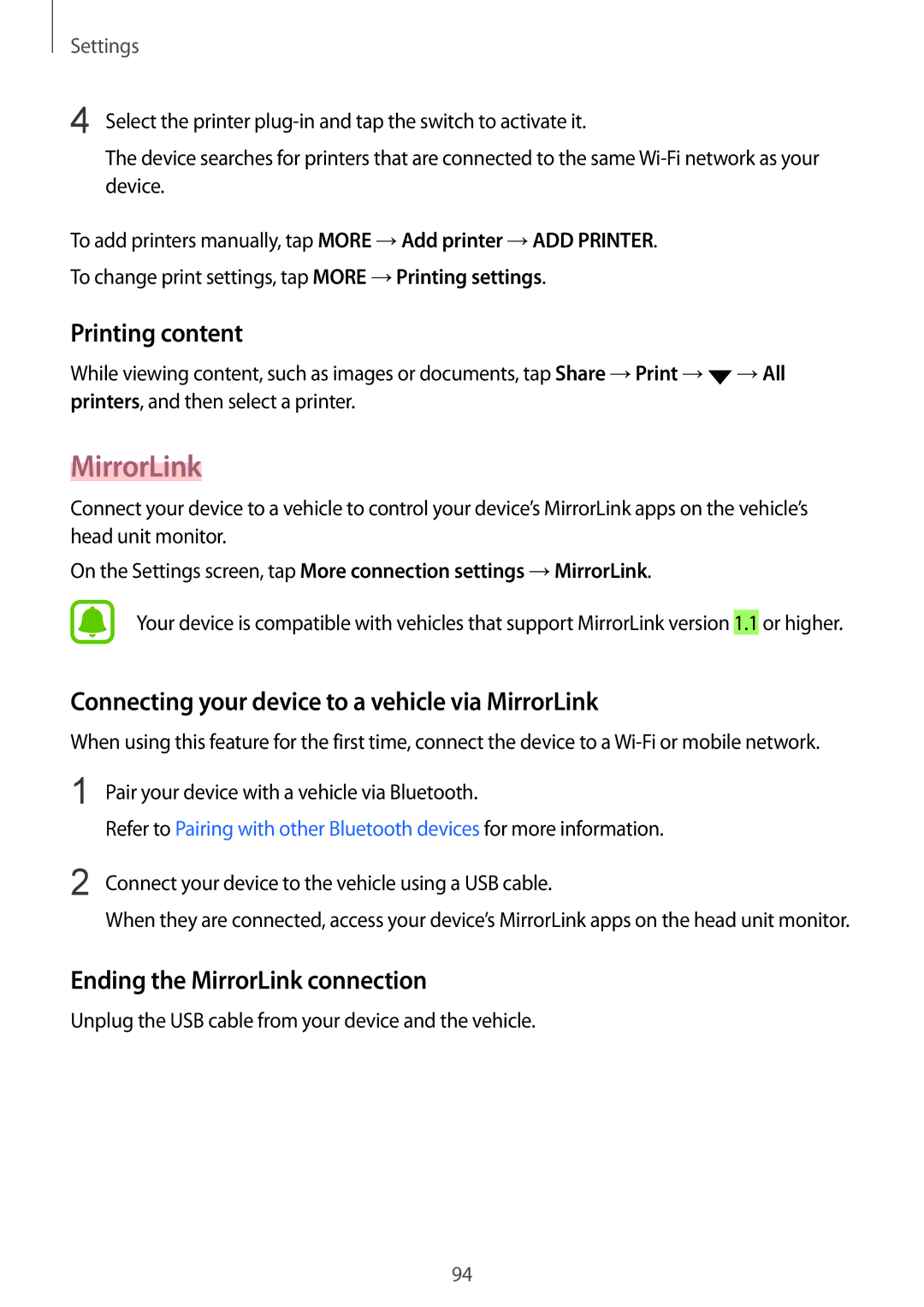 Samsung SM-A710FZKFXXV, SM-A710FZDFKSA manual Printing content, Connecting your device to a vehicle via MirrorLink 