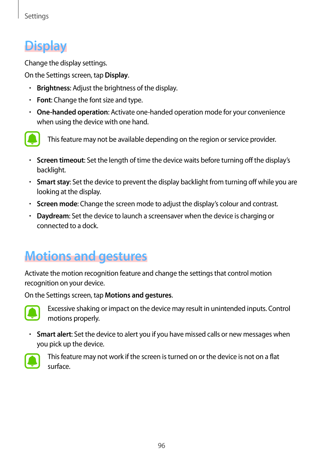 Samsung SM-A710FZDFKSA, SM-A710FZKFKSA, SM-A710FZWFKSA, SM-A710FZDFXXV, SM-A710FZKFXXV manual Display, Motions and gestures 