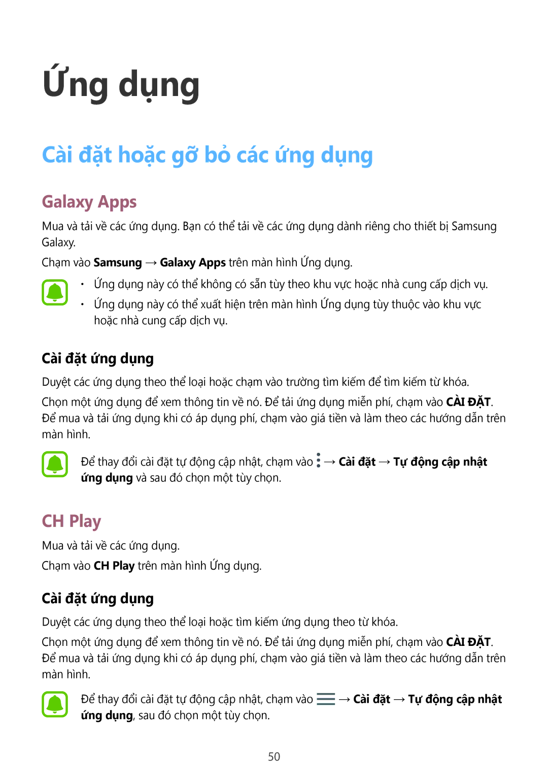 Samsung SM-A310FZDDXXV, SM-A710FZDFXXV manual Cài đặt hoặc gỡ bỏ các ứng dụng, Galaxy Apps, CH Play, Cài đặt ứng dụng 