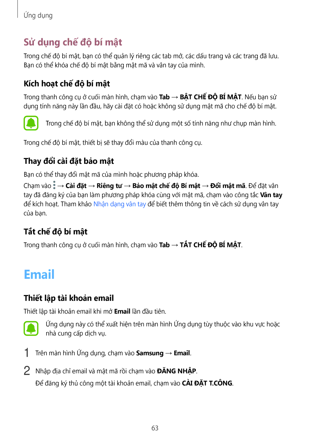 Samsung SM-A710FEDFXXV manual Sử dụng chế độ bí mật, Kích hoạt chế độ bí mật, Thay đổi cài đặt bảo mật, Tắt chế độ bí mật 