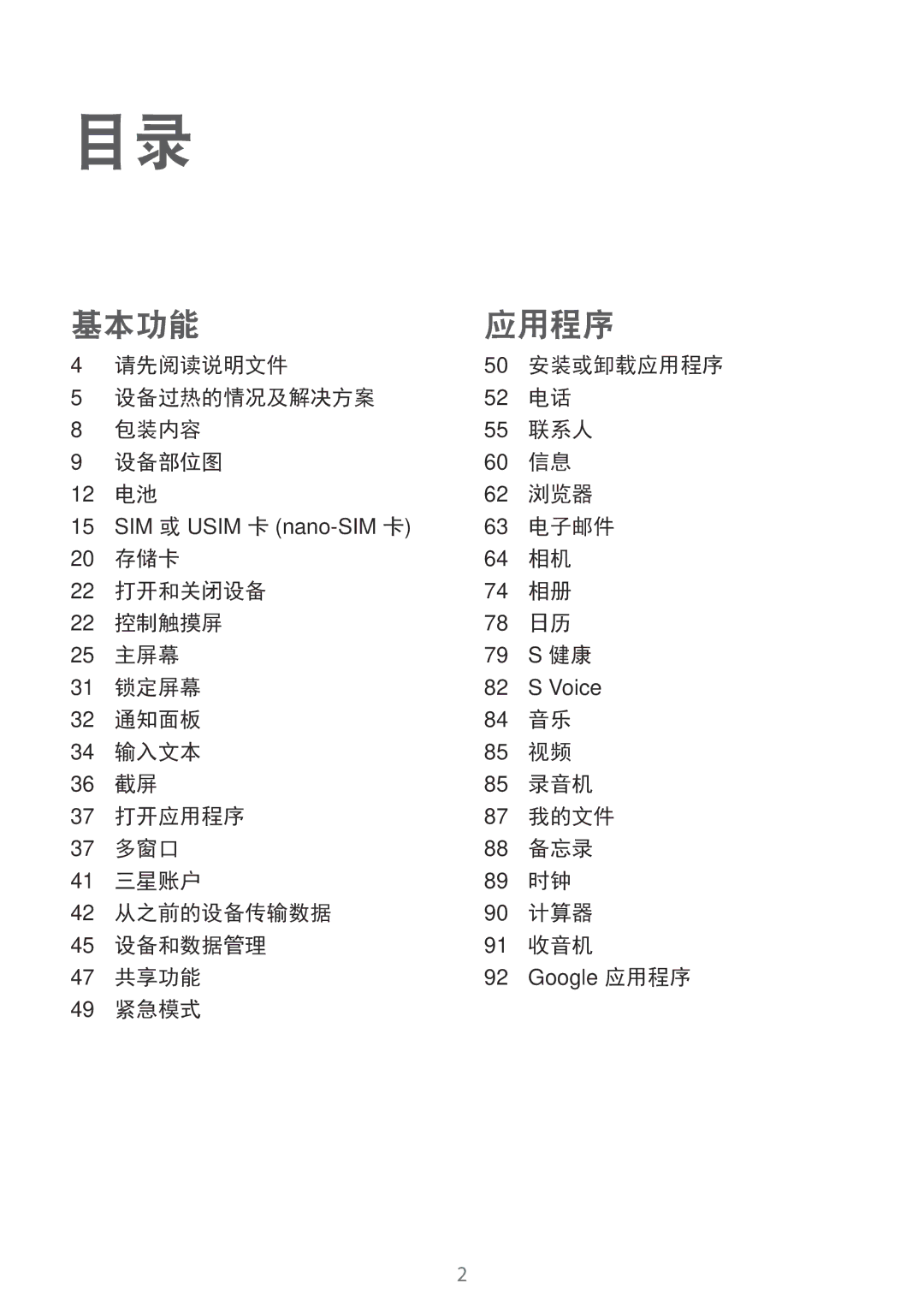 Samsung SM-A310FZDDXXV manual 请先阅读说明文件, 设备过热的情况及解决方案 包装内容 联系人 设备部位图 浏览器, 电子邮件, 存储卡 打开和关闭设备 控制触摸屏 主屏幕 锁定屏幕, 49 紧急模式 