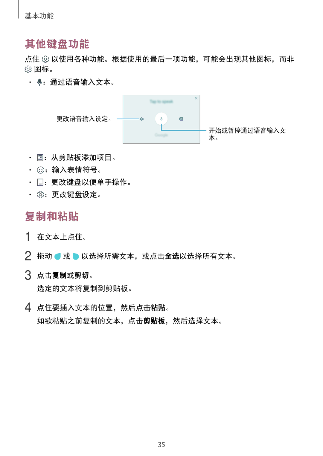 Samsung SM-A310FZKDXXV, SM-A710FZDFXXV, SM-A710FZKFXXV 其他键盘功能, 复制和粘贴, ：通过语音输入文本。, ：从剪贴板添加项目。 ：输入表情符号。 ：更改键盘以便单手操作。 ：更改键盘设定。 