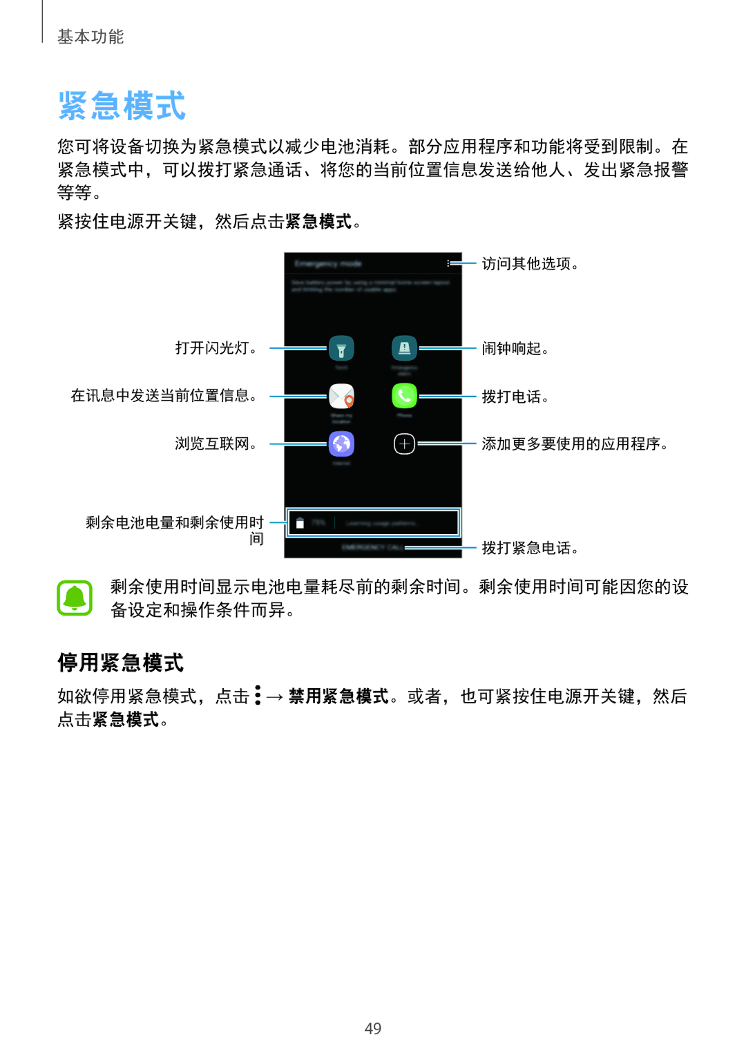 Samsung SM-A710FZKFXXV, SM-A710FZDFXXV manual 紧按住电源开关键，然后点击紧急模式。, 如欲停用紧急模式，点击 → 禁用紧急模式。或者，也可紧按住电源开关键，然后 点击紧急模式。 