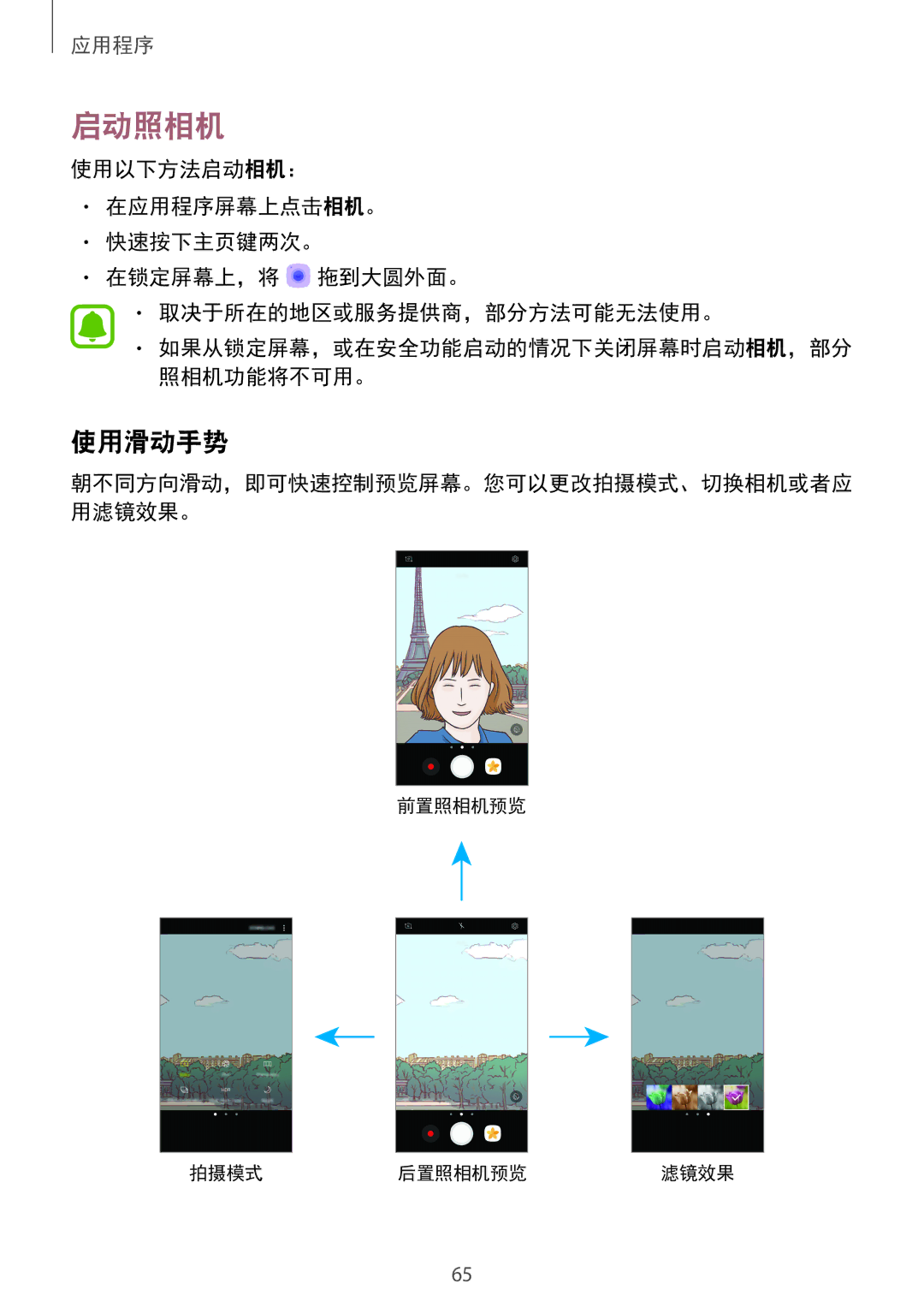 Samsung SM-A310FZKDXXV, SM-A710FZDFXXV, SM-A710FZKFXXV, SM-A310FZDDXXV, SM-A710FEDFXXV, SM-A310FEDDXXV manual 启动照相机, 使用滑动手势 