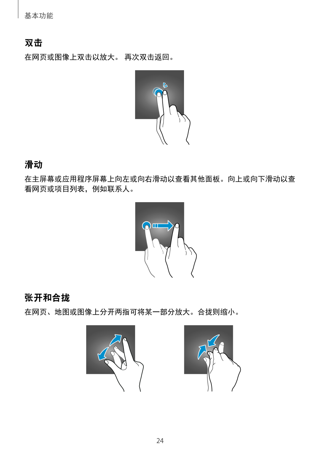 Samsung SM-A710FZDFXXV, SM-A710FZKFXXV, SM-A310FZDDXXV 张开和合拢, 在网页或图像上双击以放大。 再次双击返回。, 在网页、地图或图像上分开两指可将某一部分放大。合拢则缩小。, 基本功能 
