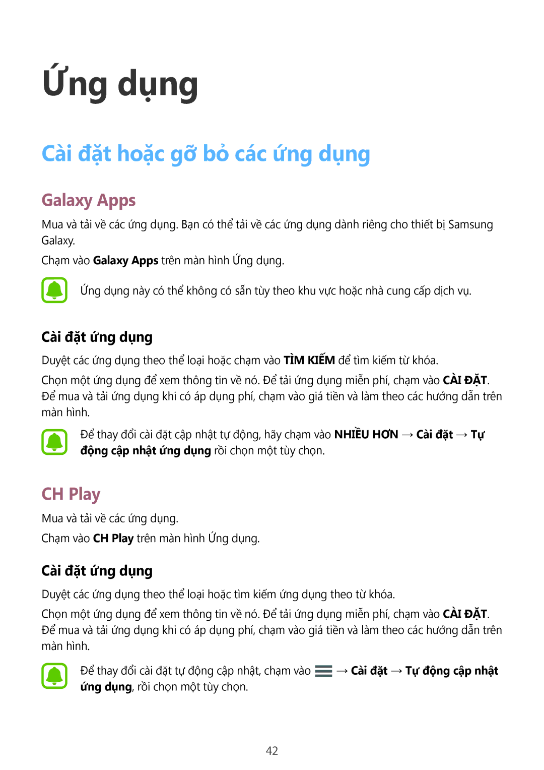 Samsung SM-A710FZDFXXV, SM-A710FZKFXXV manual Cài đặt hoặc gỡ bỏ các ứng dụng, Galaxy Apps, CH Play, Cài đặt ứng dụng 