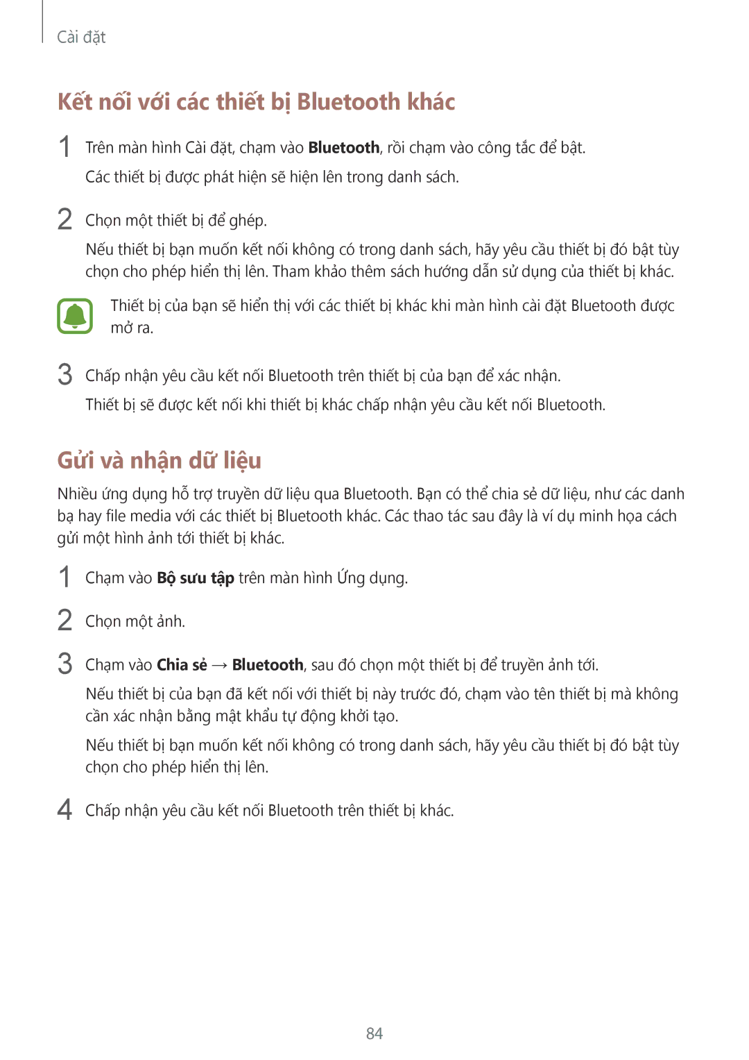 Samsung SM-A710FZDFXXV, SM-A710FZKFXXV, SM-A710FEDFXXV manual Kết nối với các thiết bị Bluetooth khác, Gửi và nhận dữ liệu 