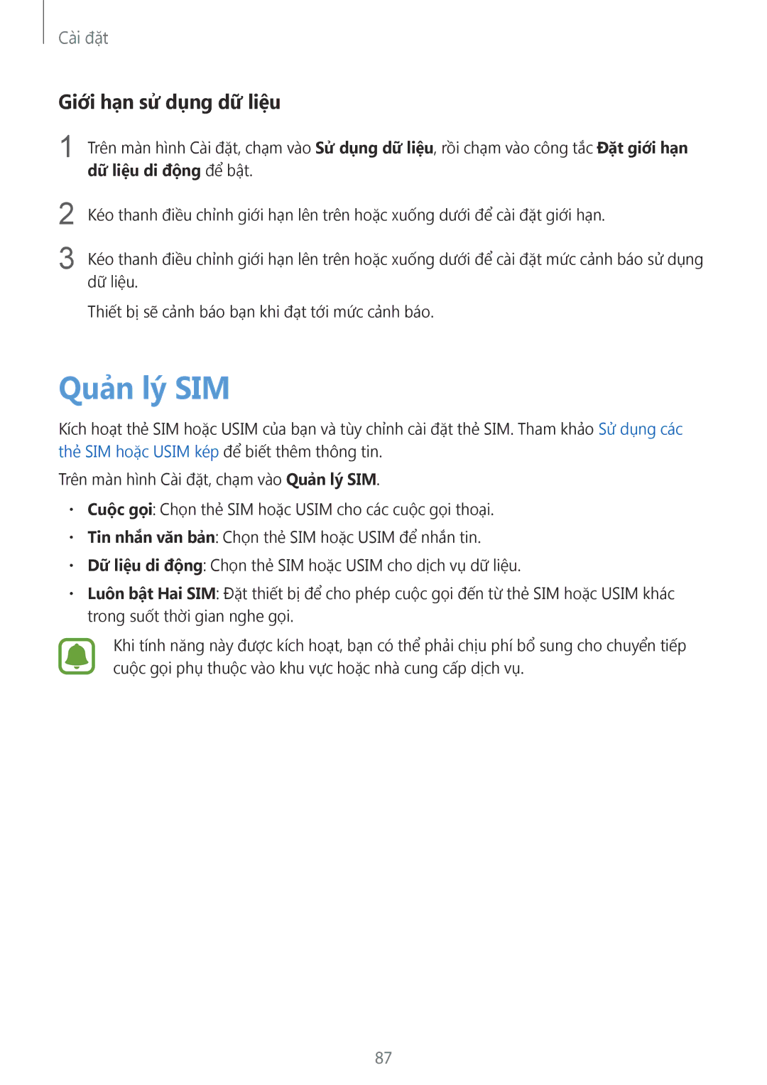 Samsung SM-A710FZDFXXV, SM-A710FZKFXXV, SM-A710FEDFXXV manual Quản lý SIM, Giới hạn sử dụng dữ liệu 