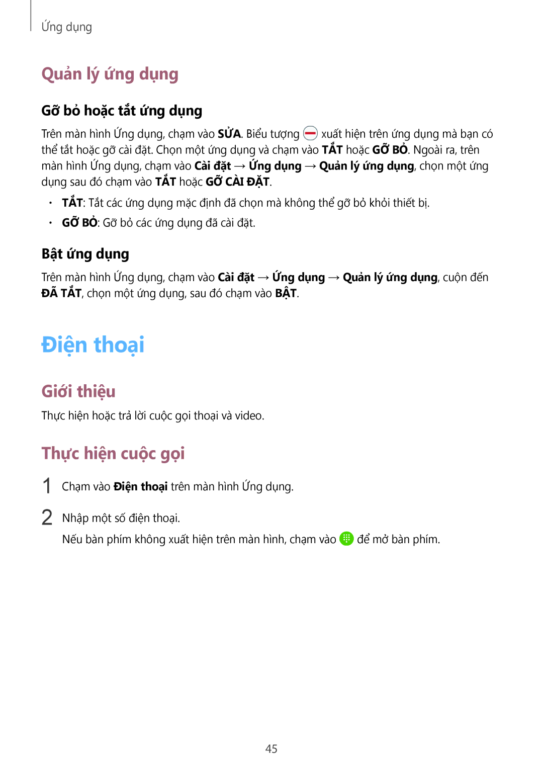 Samsung SM-A710FZDFXXV manual Điện thoại, Quản lý ứng dụng, Thực hiện cuộc gọi, Gỡ bỏ hoặc tắt ứng dụng, Bật ứng dụng 