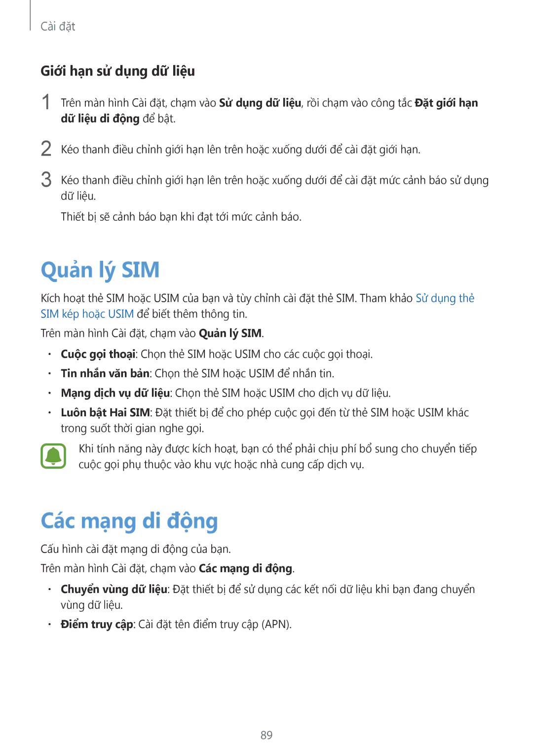 Samsung SM-A710FEDFXXV, SM-A710FZDFXXV, SM-A710FZKFXXV manual Quản lý SIM, Các mạng di động, Giới hạn sử dụng dữ liệu 