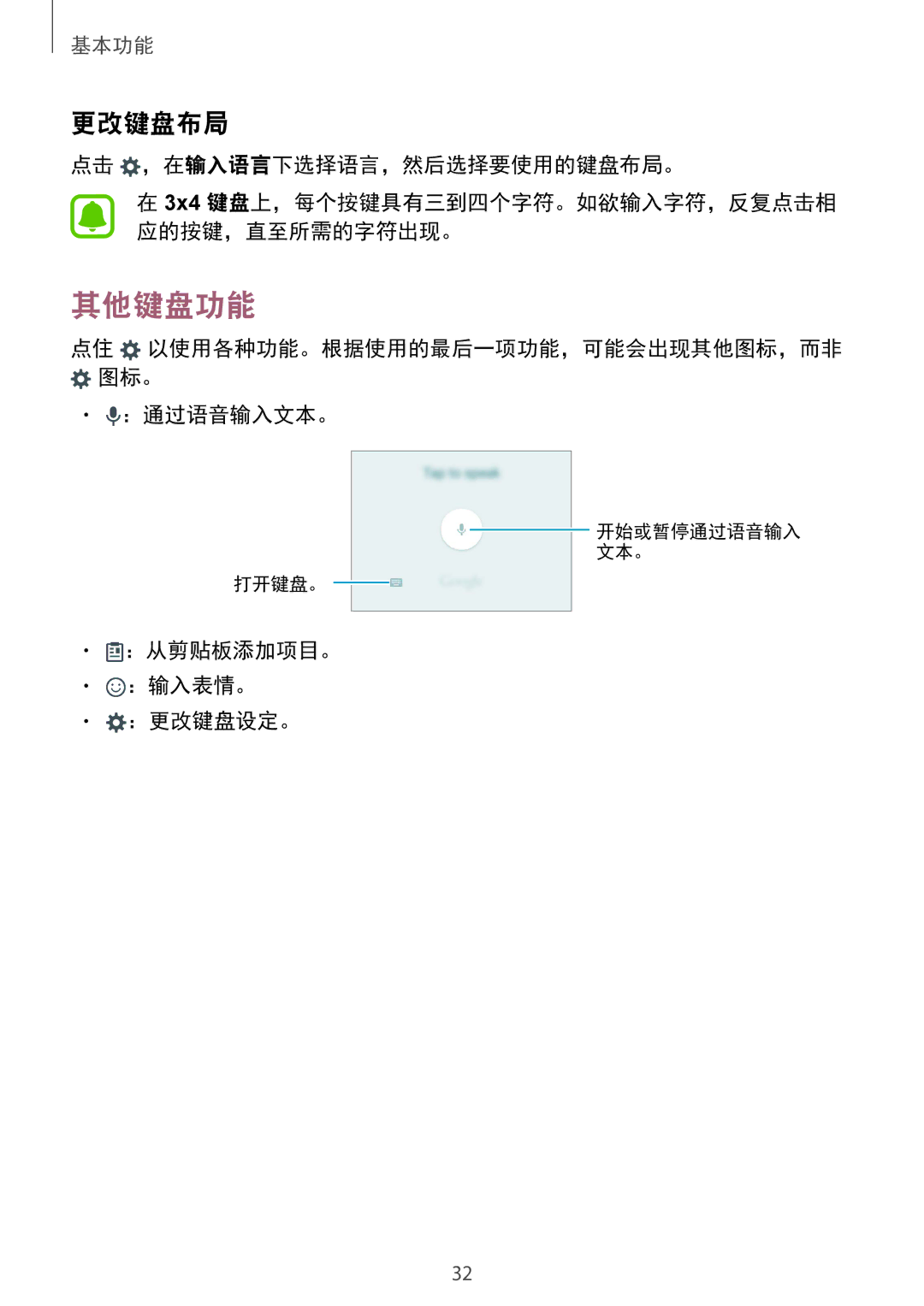 Samsung SM-A710FEDFXXV manual 其他键盘功能, 更改键盘布局, 点击 ，在输入语言下选择语言，然后选择要使用的键盘布局。, ：通过语音输入文本。, ：从剪贴板添加项目。 ：输入表情。 ：更改键盘设定。 