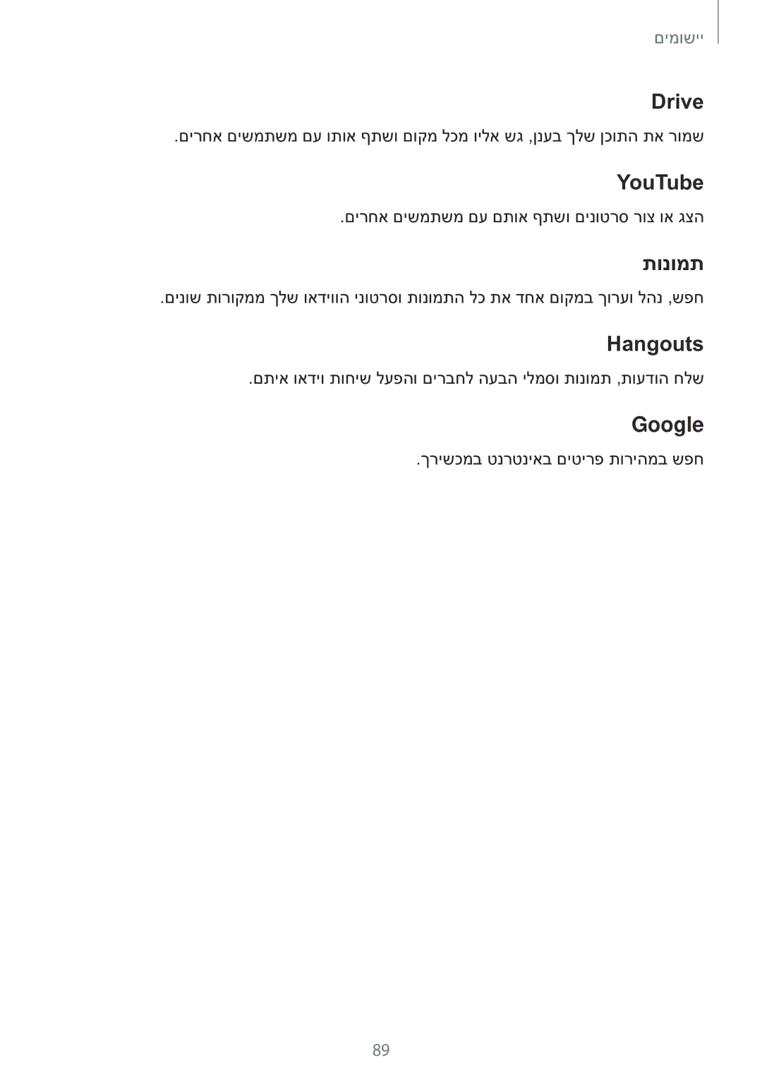 Samsung SM-A710FZKAILO manual Drive, YouTube‏, תונומת, Hangouts, Google 