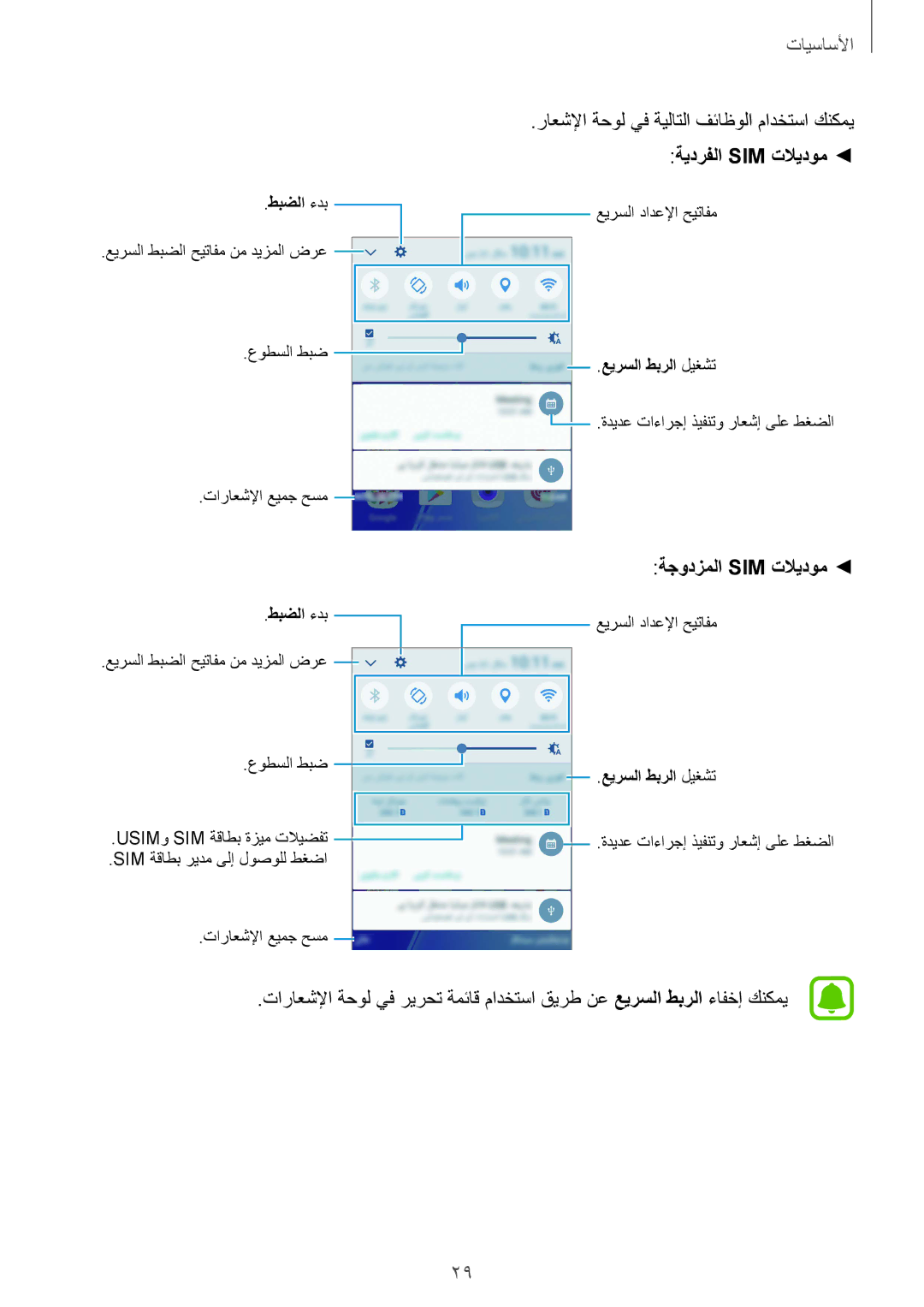 Samsung SM-A710FZDFKSA, SM-A710FZKAKSA, SM-A710FZKFKSA, SM-A710FZWFKSA manual راعشلإا ةحول يف ةيلاتلا فئاظولا مادختسا كنكمي 