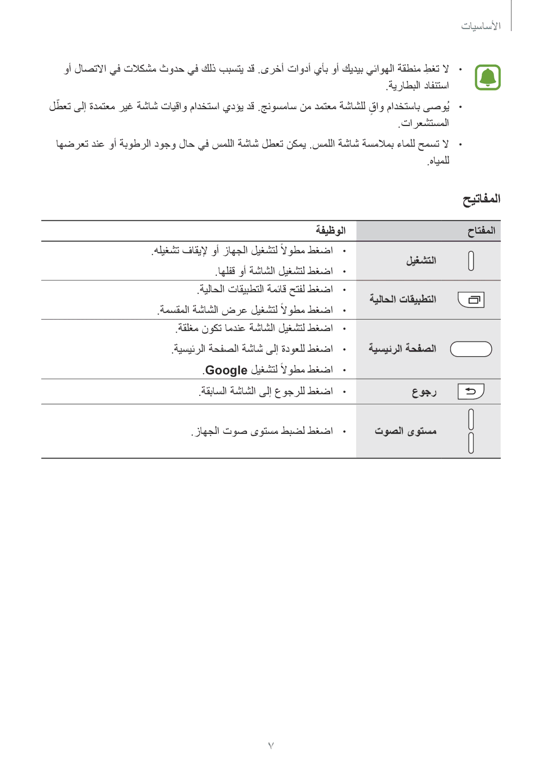 Samsung SM-A710FZWFKSA, SM-A710FZKAKSA ةفيظولا حاتفملا, ليغشتلا, ةيلاحلا تاقيبطتلا, ةيسيئرلا ةحفصلا, عوجر, توصلا ىوتسم 