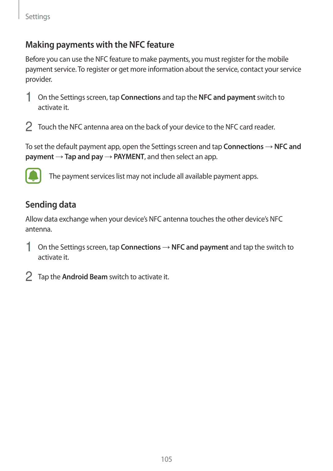 Samsung SM-A710FZDFKSA, SM-A710FZKAKSA, SM-A710FZKFKSA, SM-A710FZWFKSA Making payments with the NFC feature, Sending data 