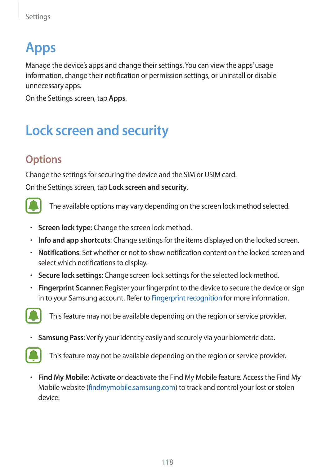 Samsung SM-A710FEDFXXV, SM-A710FZKAKSA, SM-A710FZDFKSA, SM-A710FZKFKSA, SM-A710FZWFKSA manual Apps, Lock screen and security 