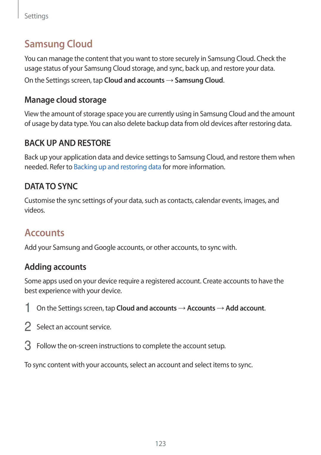 Samsung SM-A710FZWFKSA, SM-A710FZKAKSA, SM-A710FZDFKSA manual Samsung Cloud, Accounts, Manage cloud storage, Adding accounts 