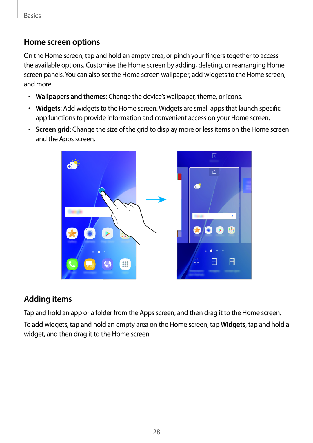 Samsung SM-A710FZDFXXV, SM-A710FZKAKSA, SM-A710FZDFKSA, SM-A710FZKFKSA, SM-A710FZWFKSA manual Home screen options, Adding items 