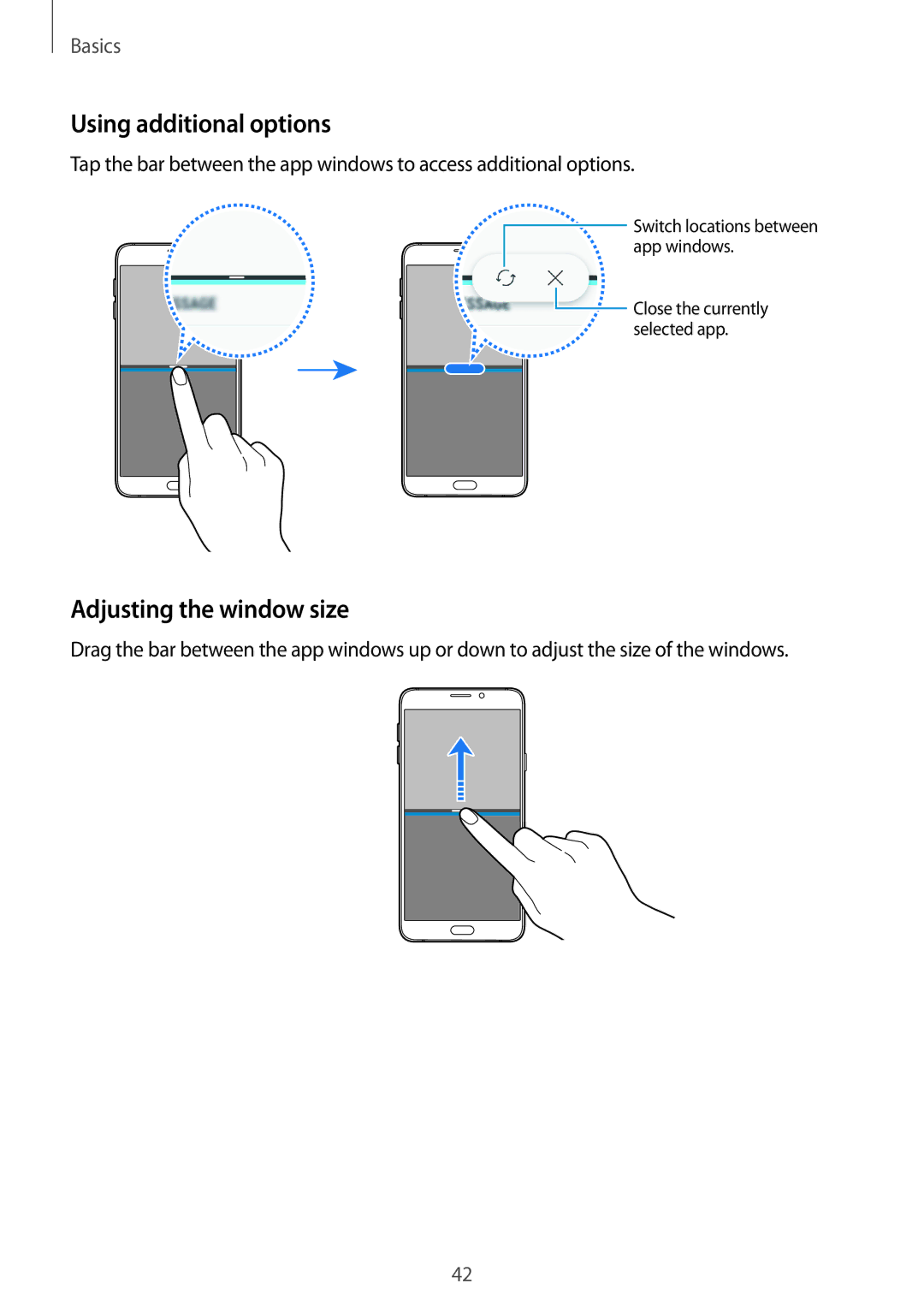 Samsung SM-A710FZKFKSA, SM-A710FZKAKSA, SM-A710FZDFKSA, SM-A710FZWFKSA Using additional options, Adjusting the window size 