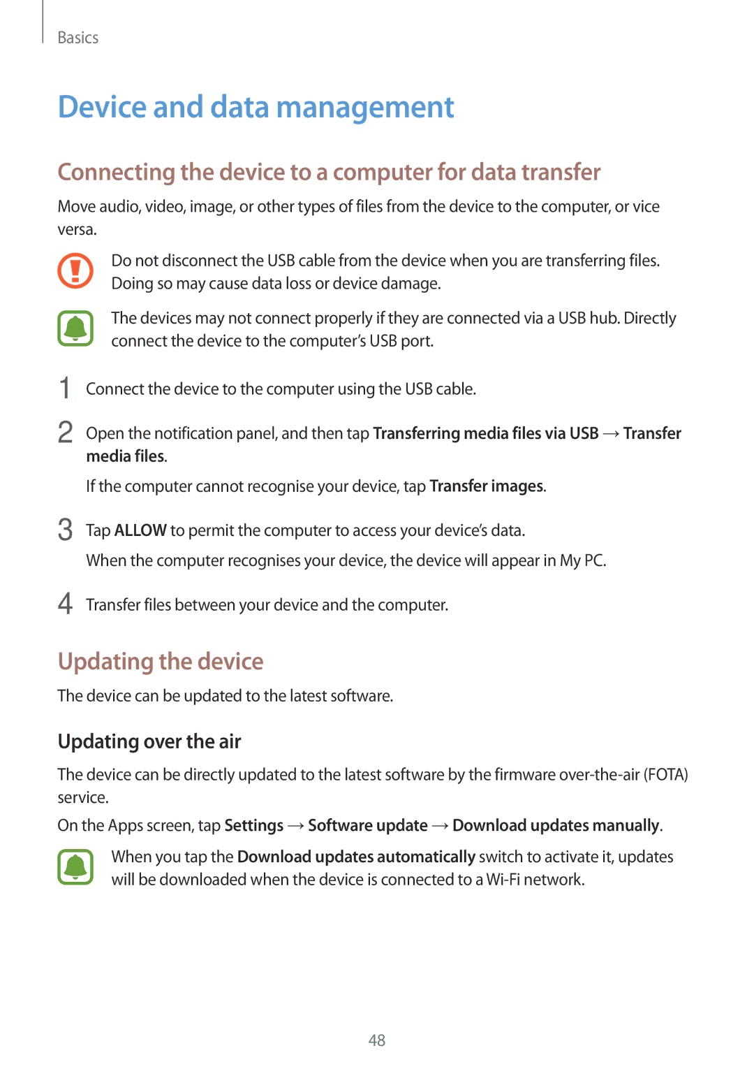 Samsung SM-A710FZKAKSA, SM-A710FZDFKSA Device and data management, Connecting the device to a computer for data transfer 