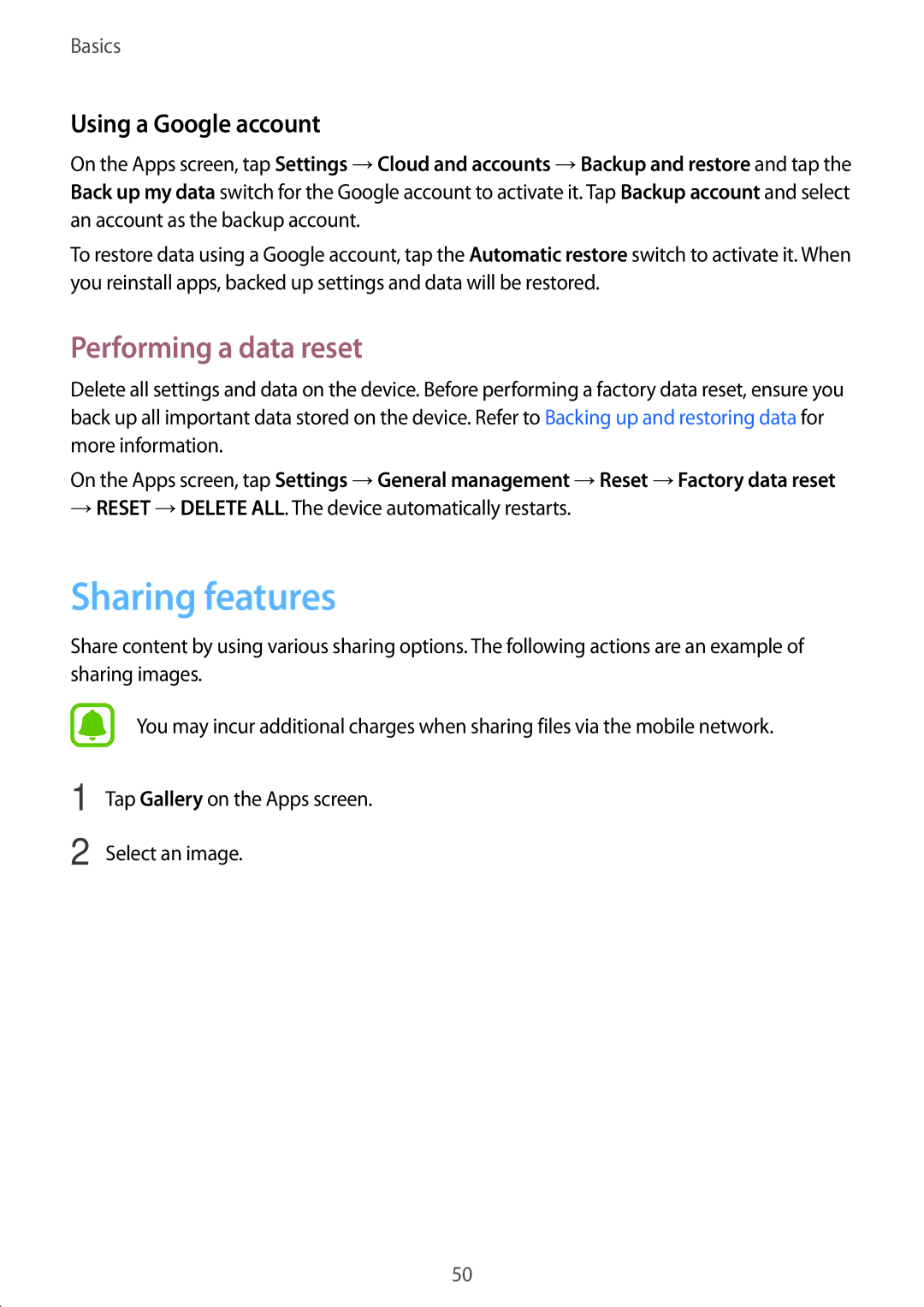 Samsung SM-A710FZKFKSA, SM-A710FZKAKSA, SM-A710FZDFKSA Sharing features, Performing a data reset, Using a Google account 