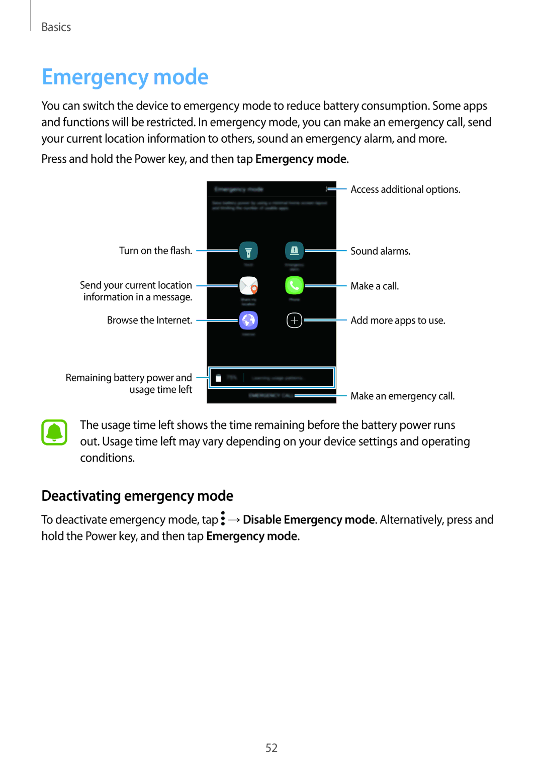 Samsung SM-A710FZDFXXV, SM-A710FZKAKSA, SM-A710FZDFKSA, SM-A710FZKFKSA manual Emergency mode, Deactivating emergency mode 