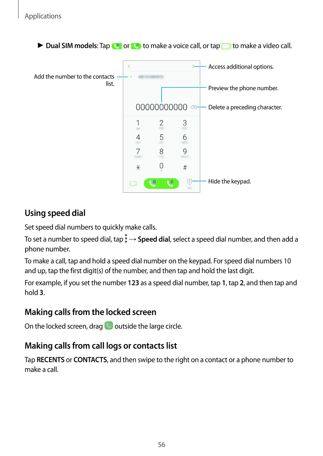 Samsung SM-A710FZKAKSA Using speed dial, Making calls from the locked screen, Making calls from call logs or contacts list 