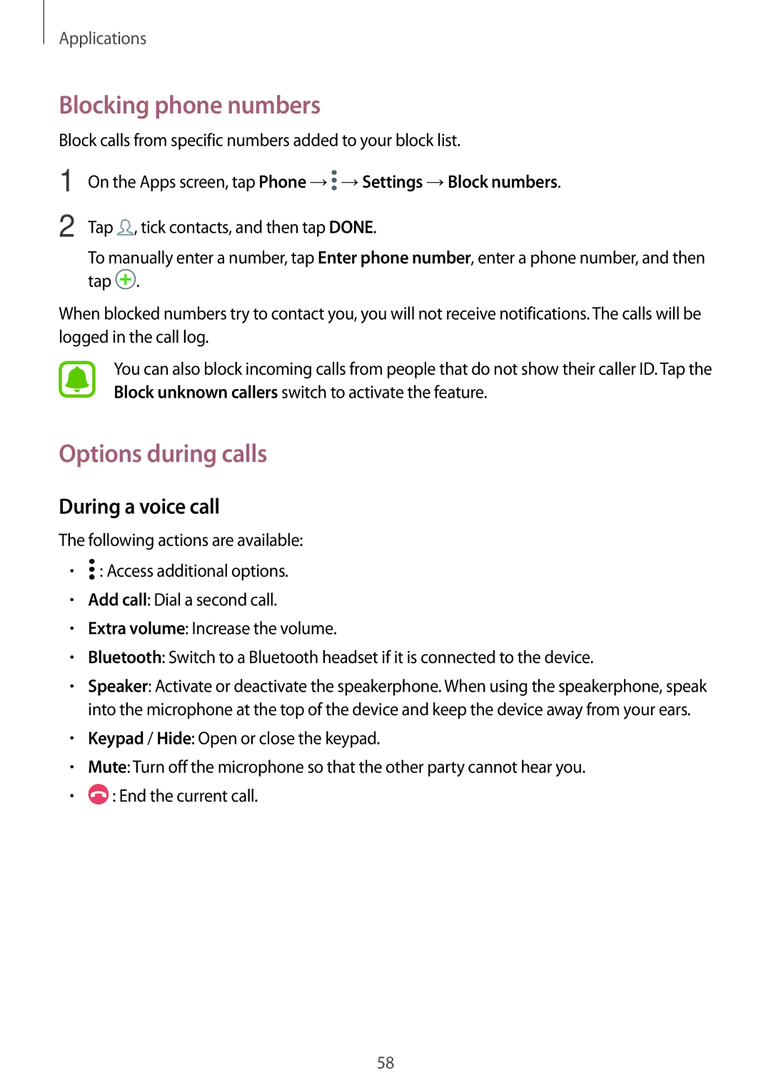 Samsung SM-A710FZKFKSA, SM-A710FZKAKSA, SM-A710FZDFKSA Blocking phone numbers, Options during calls, During a voice call 