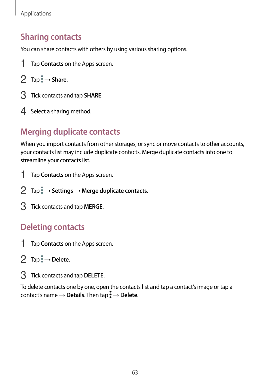 Samsung SM-A710FZKAILO, SM-A710FZKAKSA, SM-A710FZDFKSA manual Sharing contacts, Merging duplicate contacts, Deleting contacts 