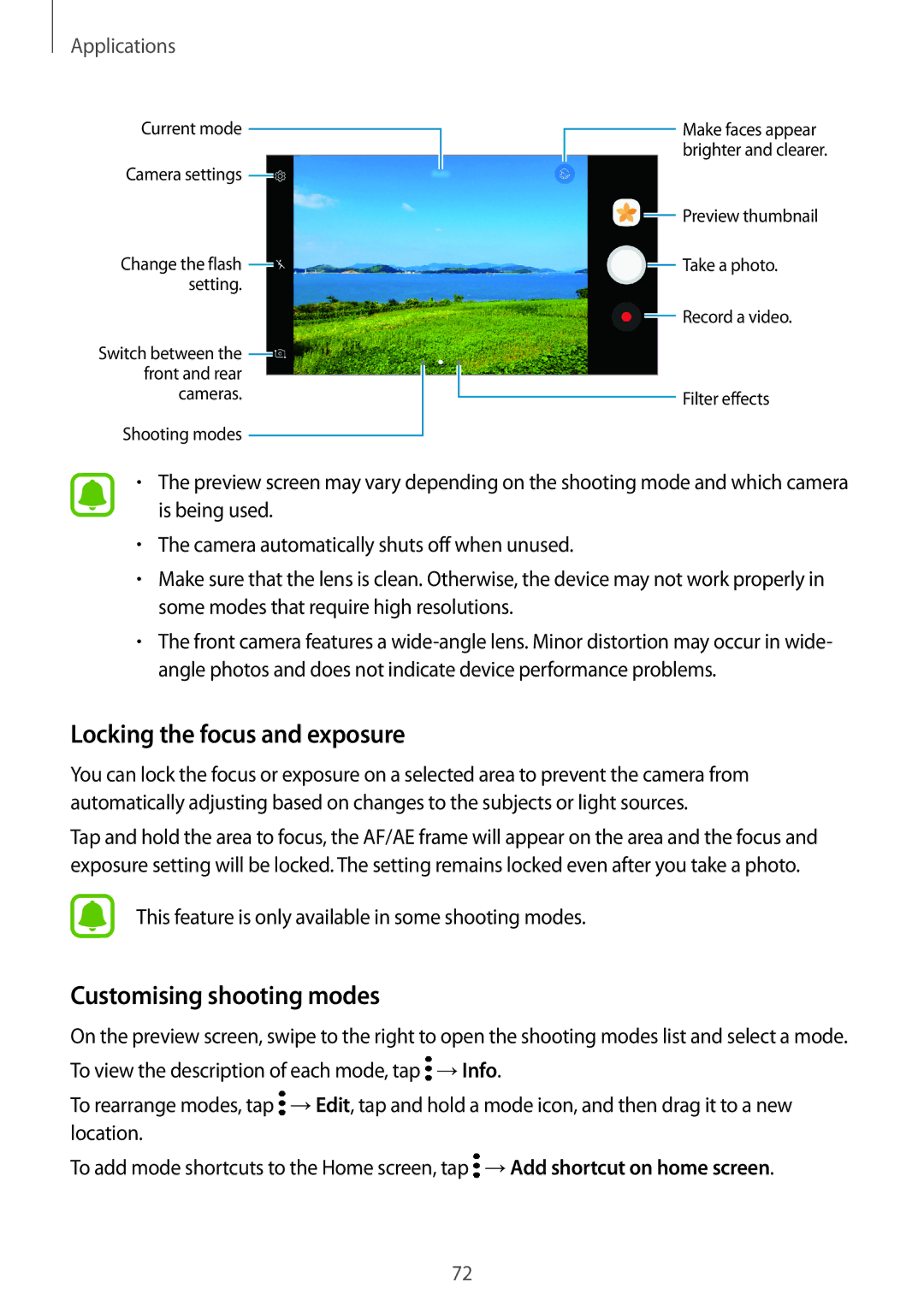 Samsung SM-A710FZKAKSA, SM-A710FZDFKSA, SM-A710FZKFKSA manual Locking the focus and exposure, Customising shooting modes 