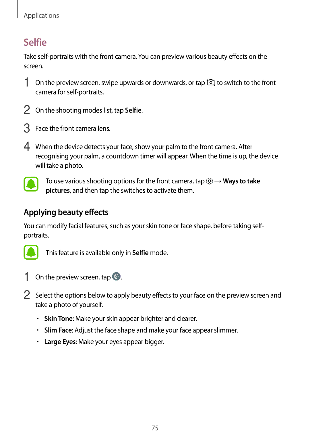 Samsung SM-A710FZWFKSA, SM-A710FZKAKSA, SM-A710FZDFKSA, SM-A710FZKFKSA, SM-A710FZDFXXV manual Selfie, Applying beauty effects 