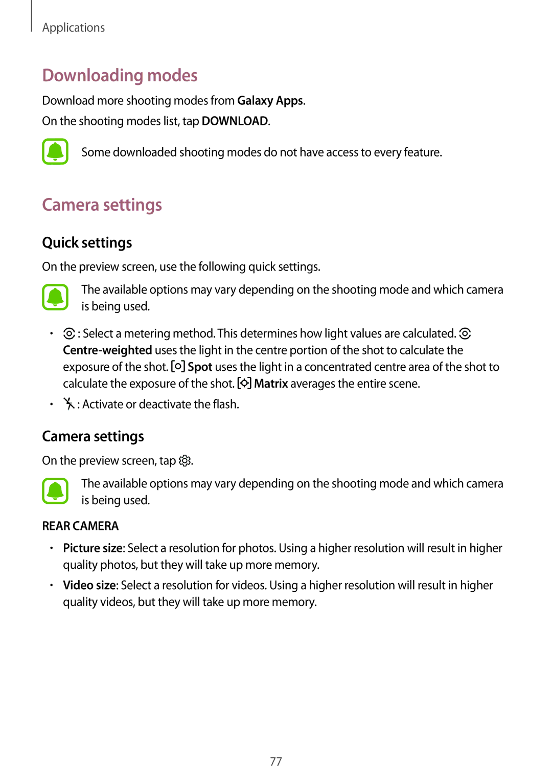 Samsung SM-A710FZKFXXV, SM-A710FZKAKSA, SM-A710FZDFKSA, SM-A710FZKFKSA Downloading modes, Camera settings, Quick settings 