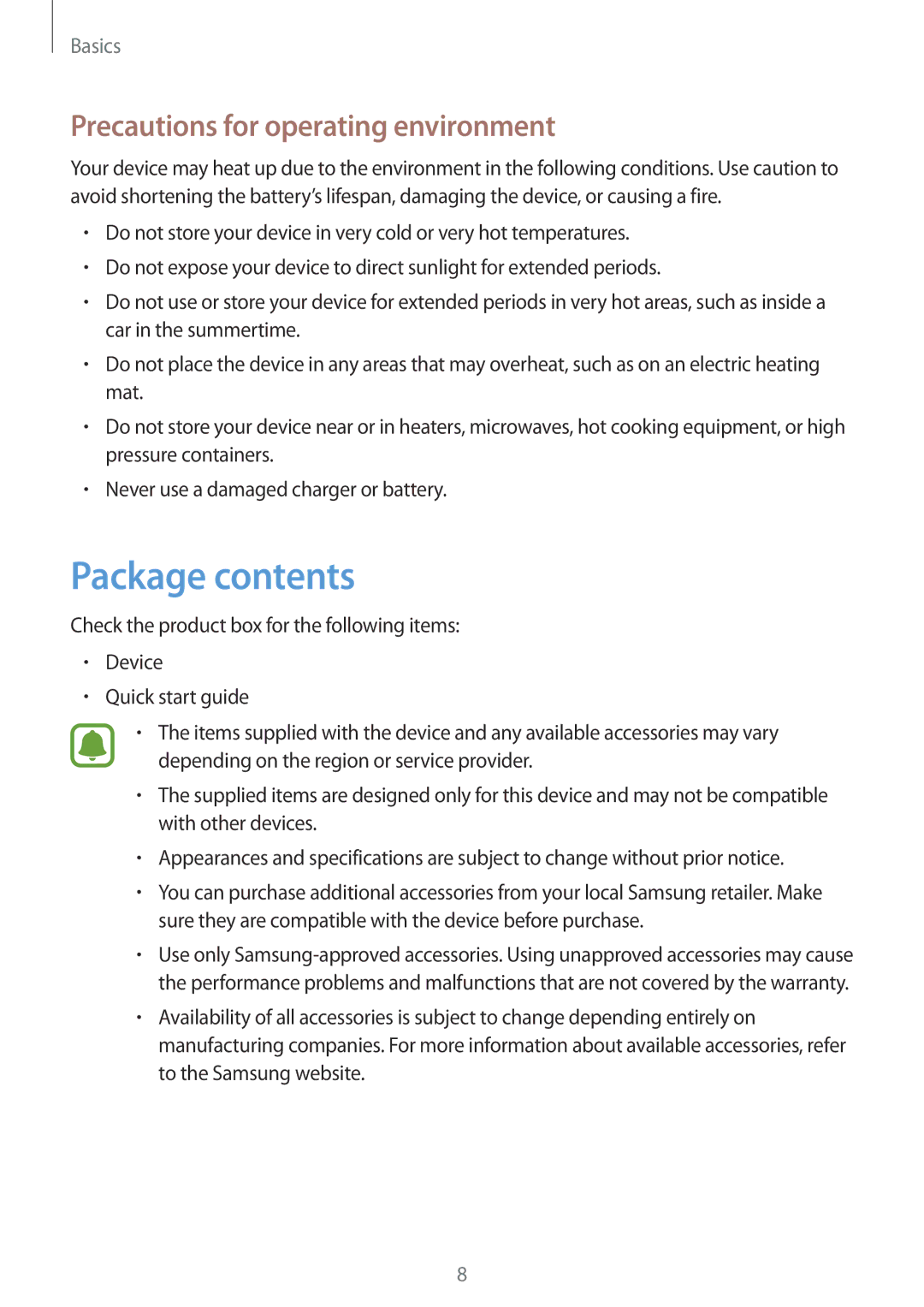 Samsung SM-A710FZKAKSA, SM-A710FZDFKSA, SM-A710FZKFKSA, SM-A710FZWFKSA, SM-A710FZDFXXV, SM-A710FZKFXXV manual Package contents 