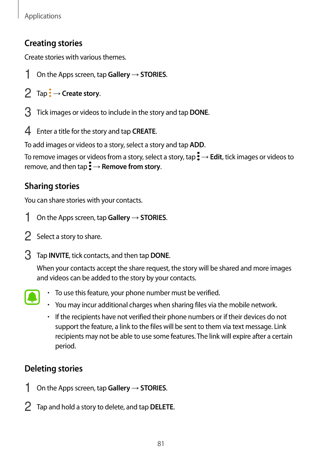 Samsung SM-A710FZDFKSA, SM-A710FZKAKSA manual Creating stories, Sharing stories, Deleting stories, Tap →Create story 