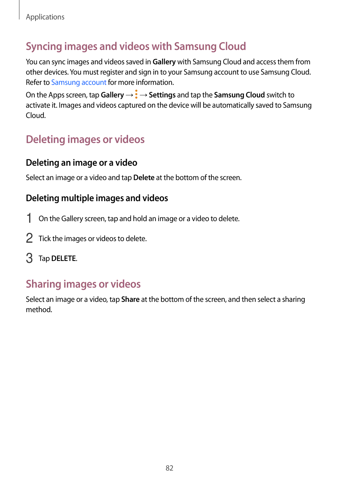 Samsung SM-A710FZKFKSA Syncing images and videos with Samsung Cloud, Deleting images or videos, Sharing images or videos 